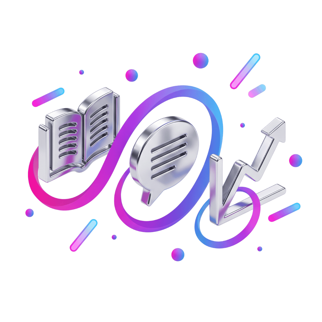 Chrome-3D-Icons: Buch, Sprechblase und Wachstumspfeil, verbunden durch Gradient-Band in Pink und Blau