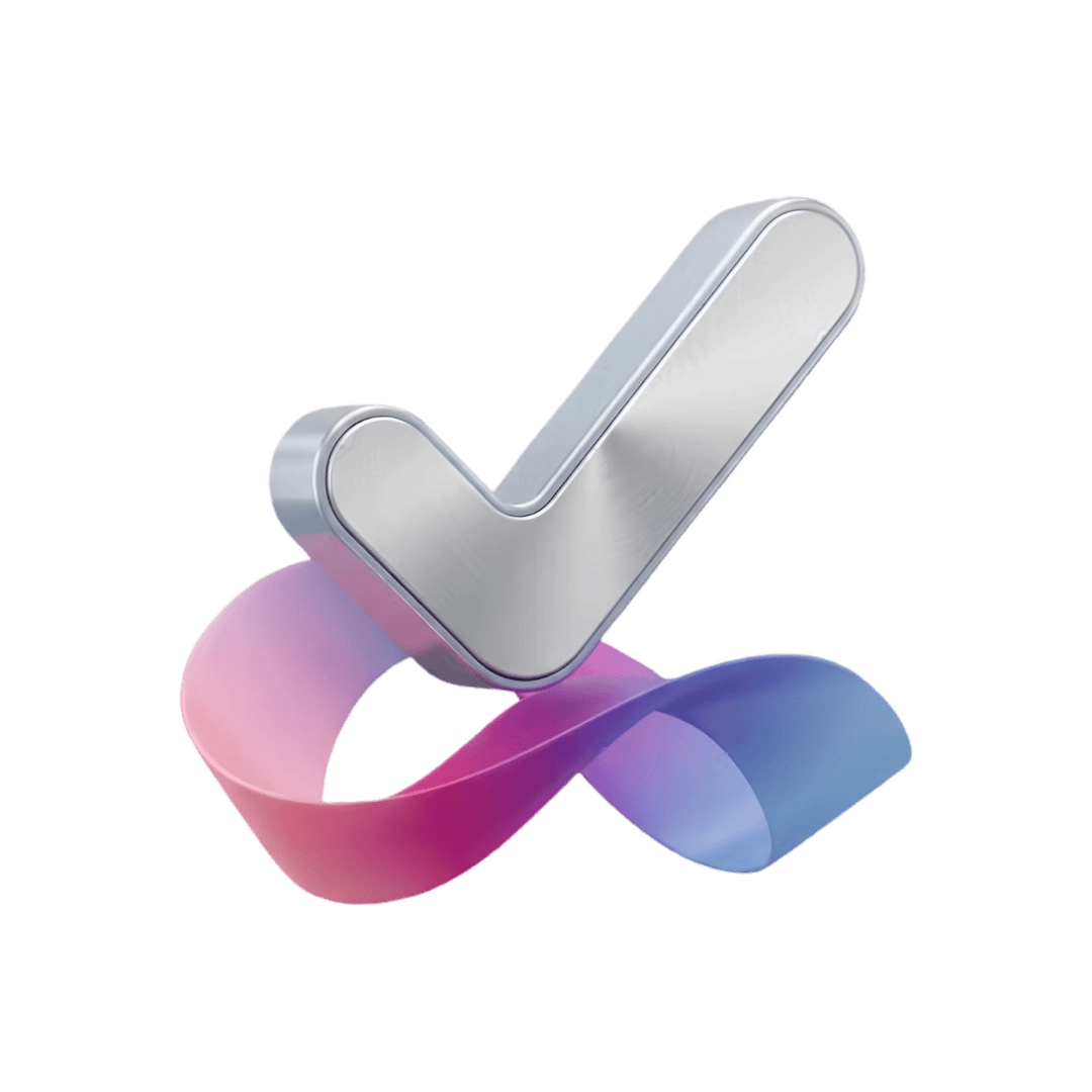 Glänzendes silbernes Häkchen-Symbol mit Farbverlaufsband in Pink, Lila und Blau