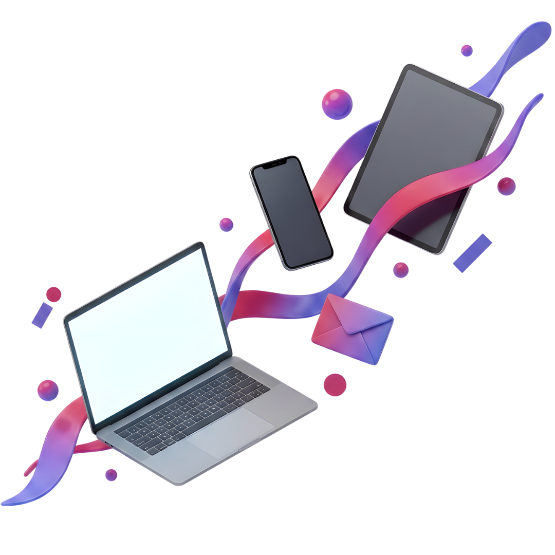 Laptop, Smartphone und Tablet schweben verbunden durch ein Farbband mit E-Mail-Symbol, Illustration für E-Mail Marketing