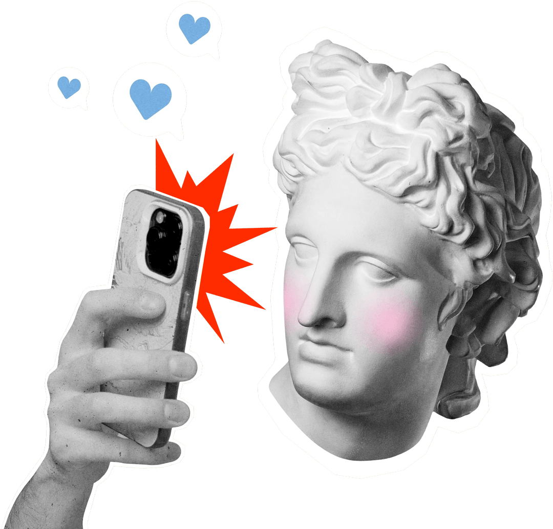 Ancient bust holding a smartphone collage