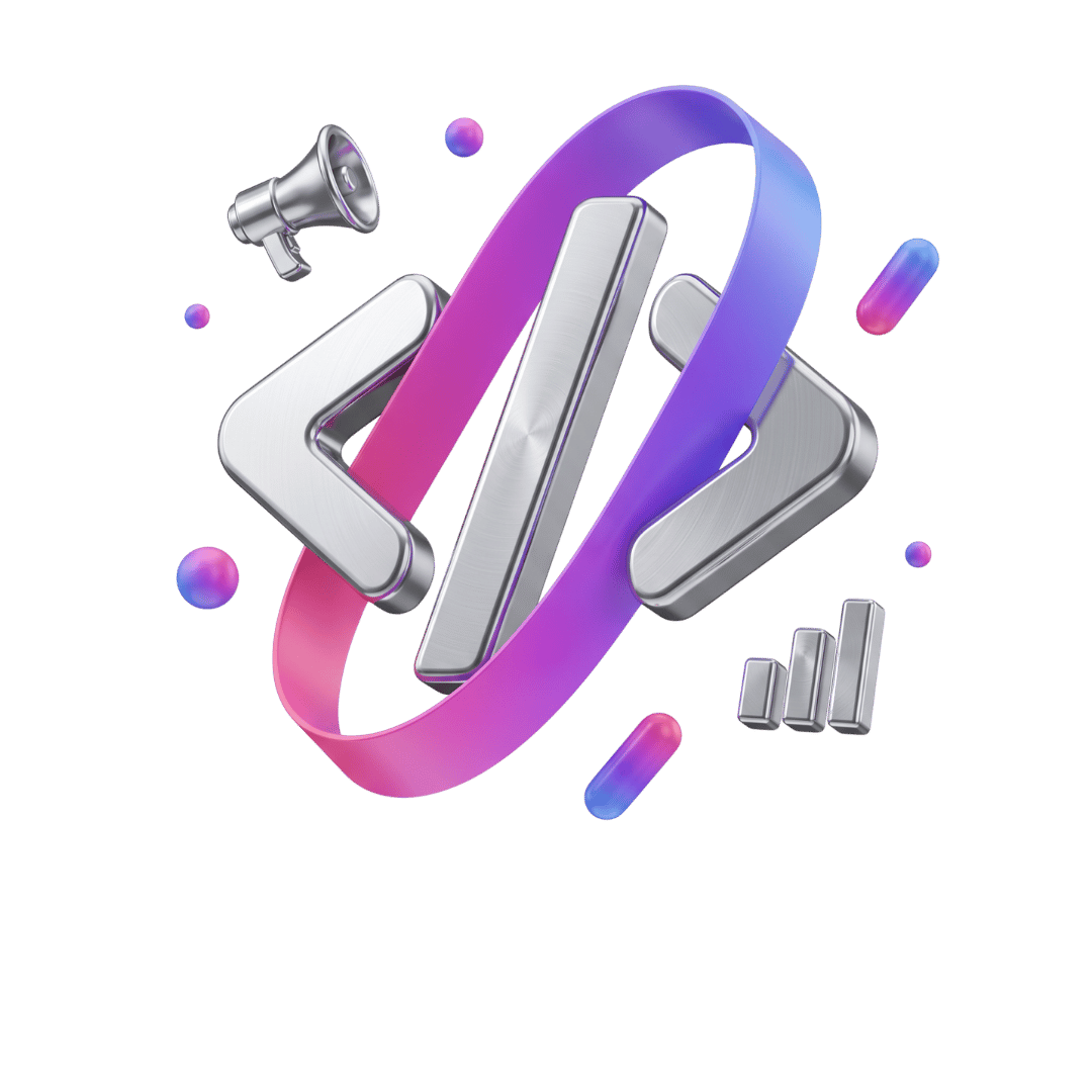 Chrome-3D-Icon aus Code-Klammern mit Farbverlauf-Schleife, Megafon und Balkendiagramm für Online Marketing und Programmierung