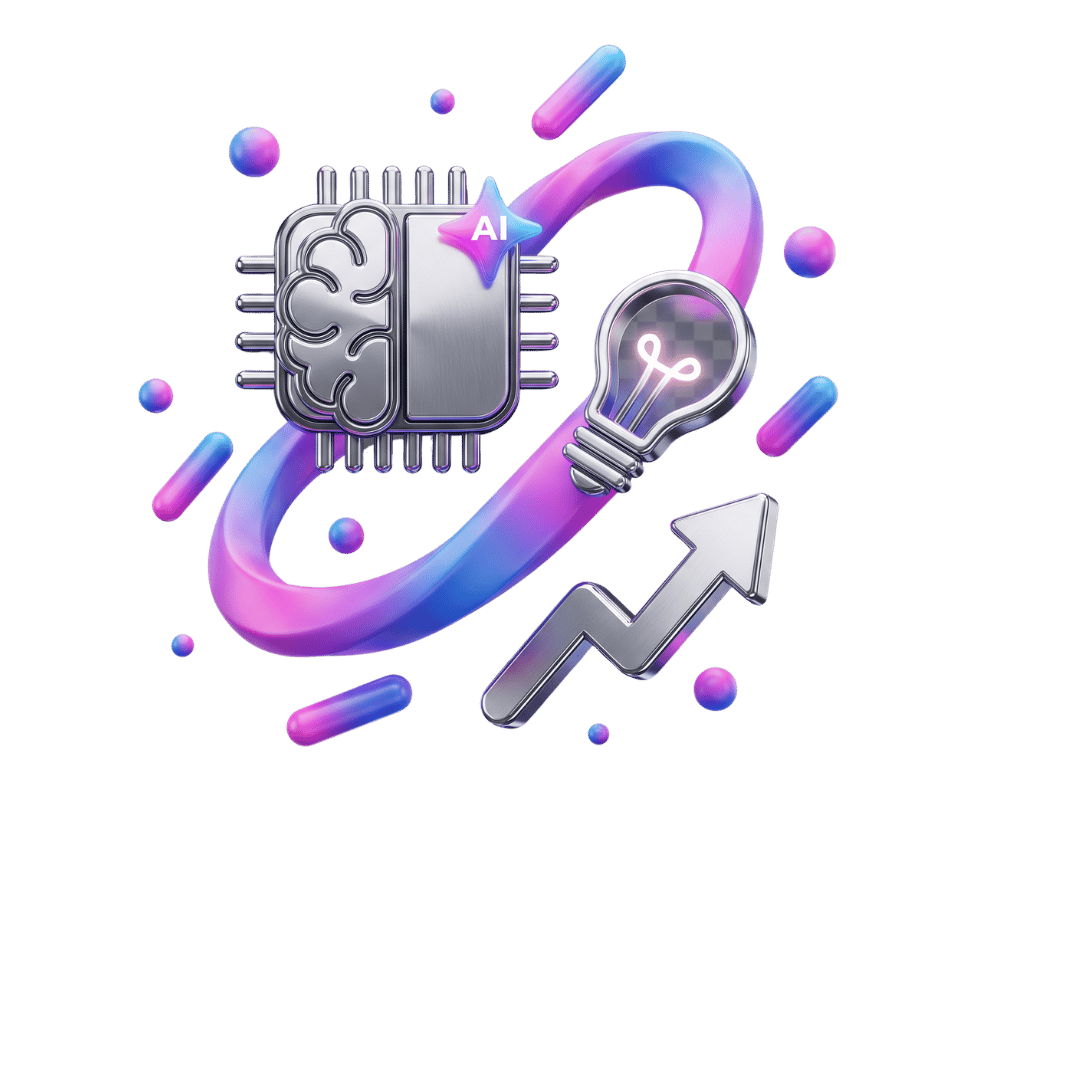 3D-Icon-Illustration zu Künstlicher Intelligenz: Chrome-Chip mit Gehirn, Glühbirne und Wachstumspfeil, verbunden durch Gradient-Ribbon