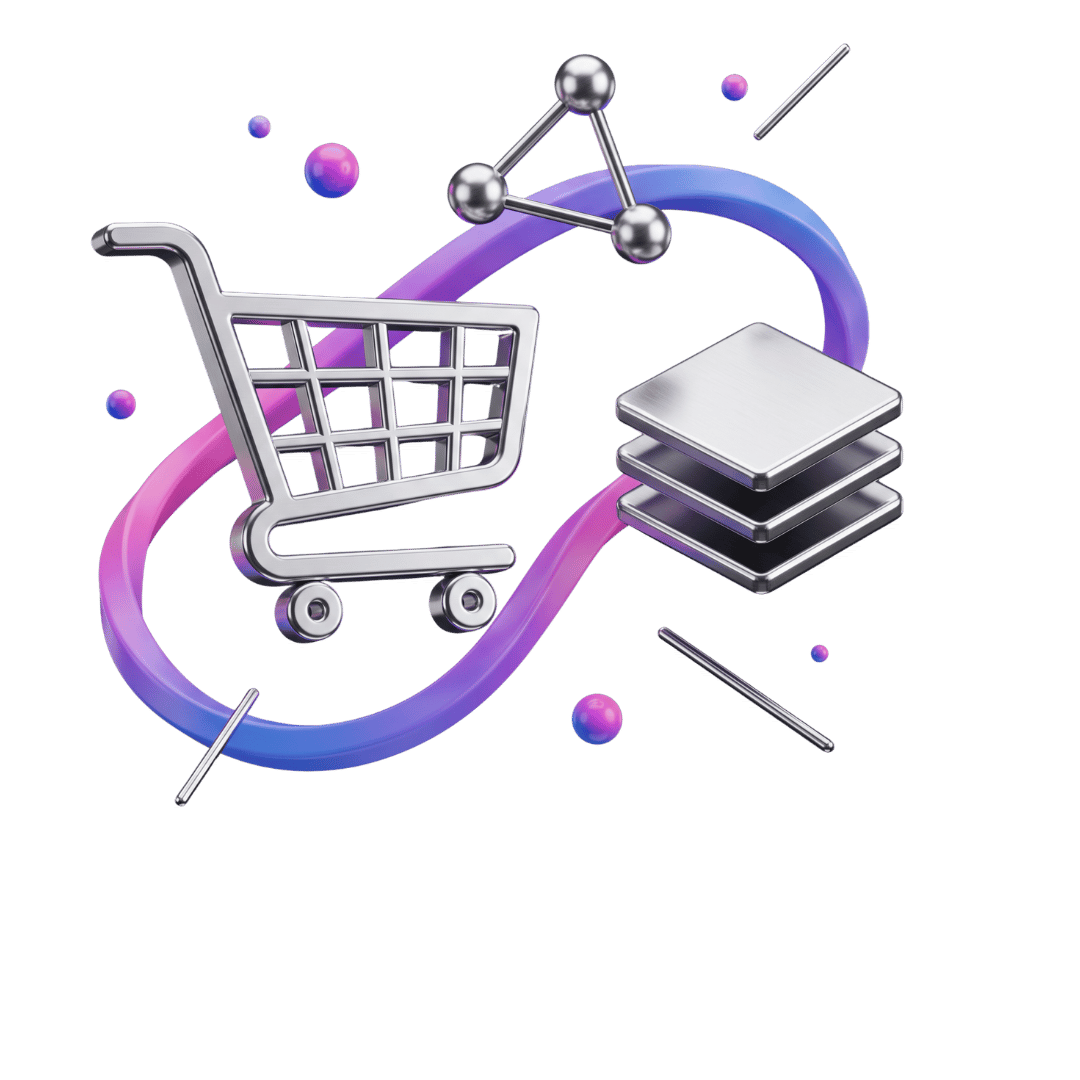 3D-Icon-Illustration: Chrome-Einkaufswagen, Netzwerk-Knoten und Layer-Stack, verbunden durch Pink-Blau-Gradient-Ribbon