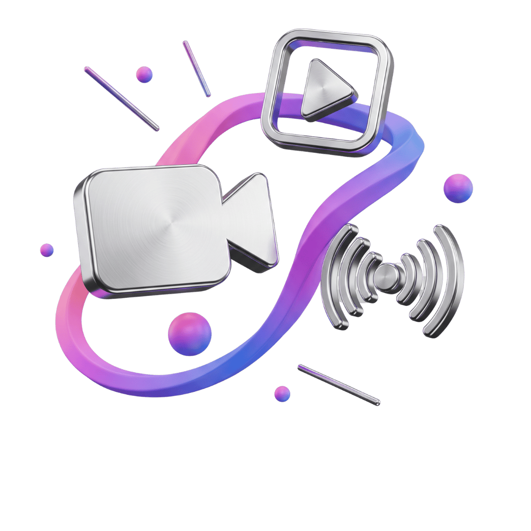 3D-Icon-Illustration: Chrome-Videokamera, Play-Button und Broadcast-Signal, verbunden durch Pink-Blau-Gradient-Ribbon