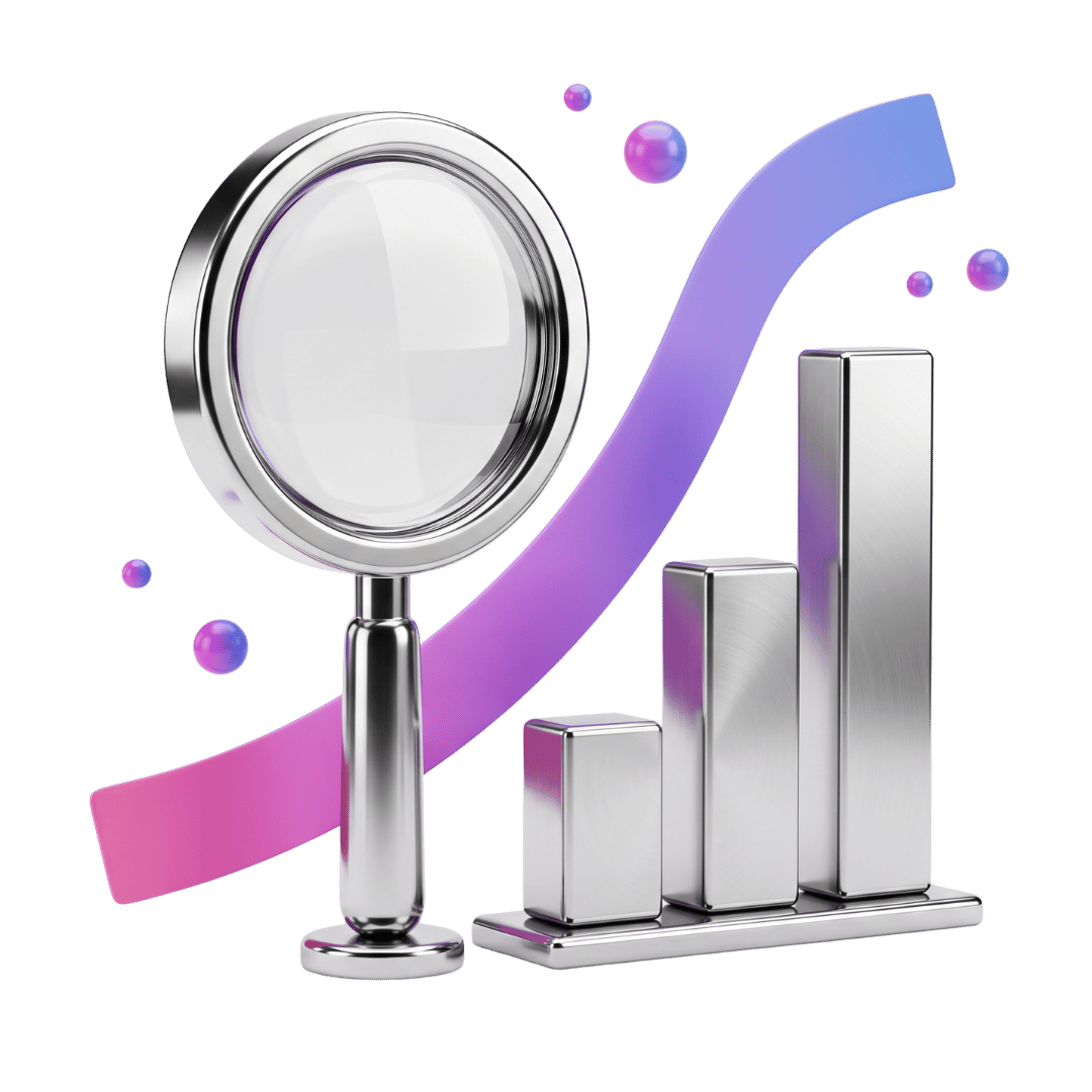Lupe und Balkendiagramm symbolisieren SEO Check und wachsende Sichtbarkeit in Suchmaschinen