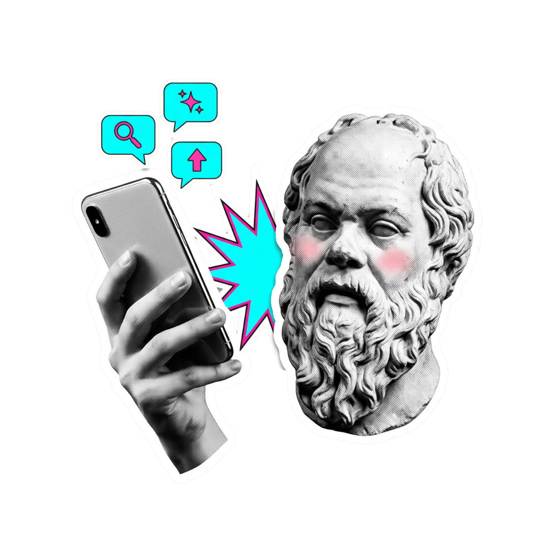 Sokrates-Statue mit Smartphone, Sprechblasen zeigen Lupe, Sparkle und Pfeil-Icon – Illustration zu SEOkrates® KI SEO Tool