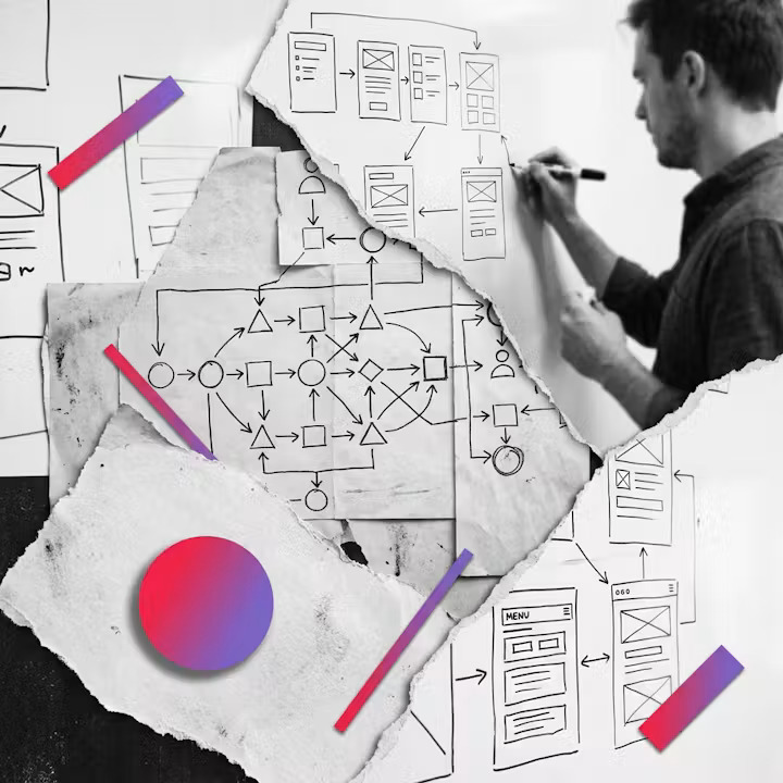 Schwarz-weiße Collage aus Wireframe-Skizzen und User-Journey-Flowchart, akzentuiert mit rot-violetten Farbverlaufsformen