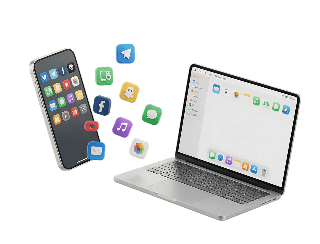 Smartphone und Laptop mit schwebenden App-Symbolen.