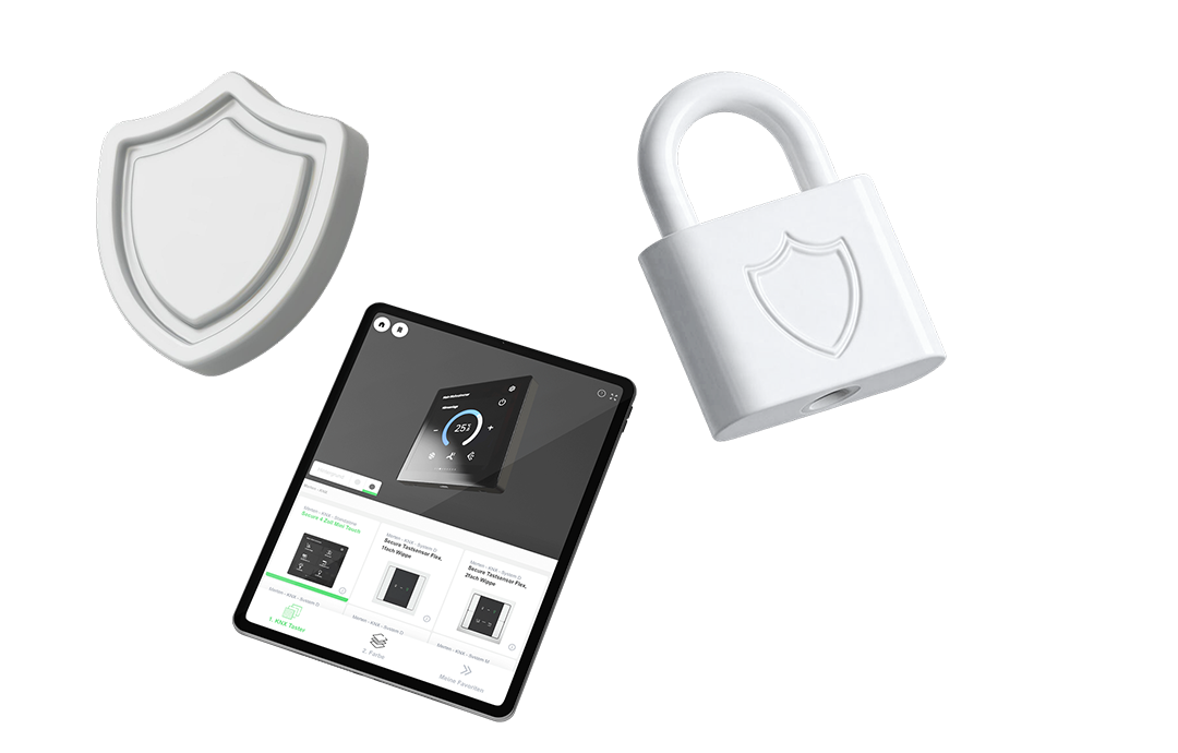 3D-Icons eines Schlosses, eines Schildes und iPads als Symbol für Datenschutz und Gerätesicherheit.