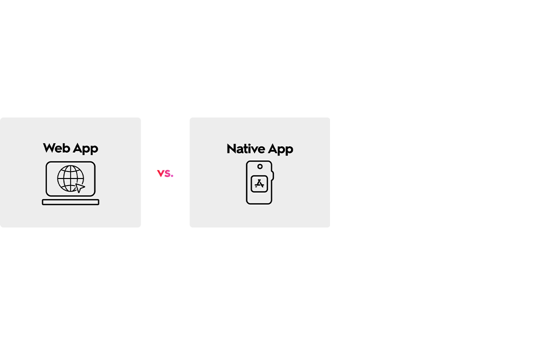 Illustration zum Vergleich von Web-App und nativer App anhand eines Laptops und eines Smartphones mit flachen Icons.