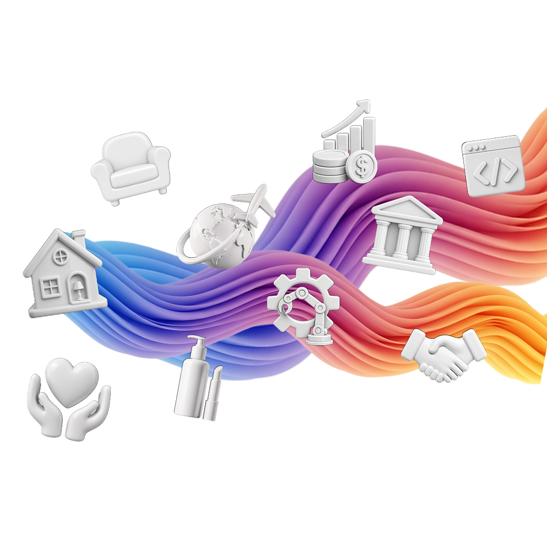 Mehrere 3D-Branchensymbole auf einem abstrakten Farbverlauf als Darstellung unterschiedlicher Unternehmensbereiche.