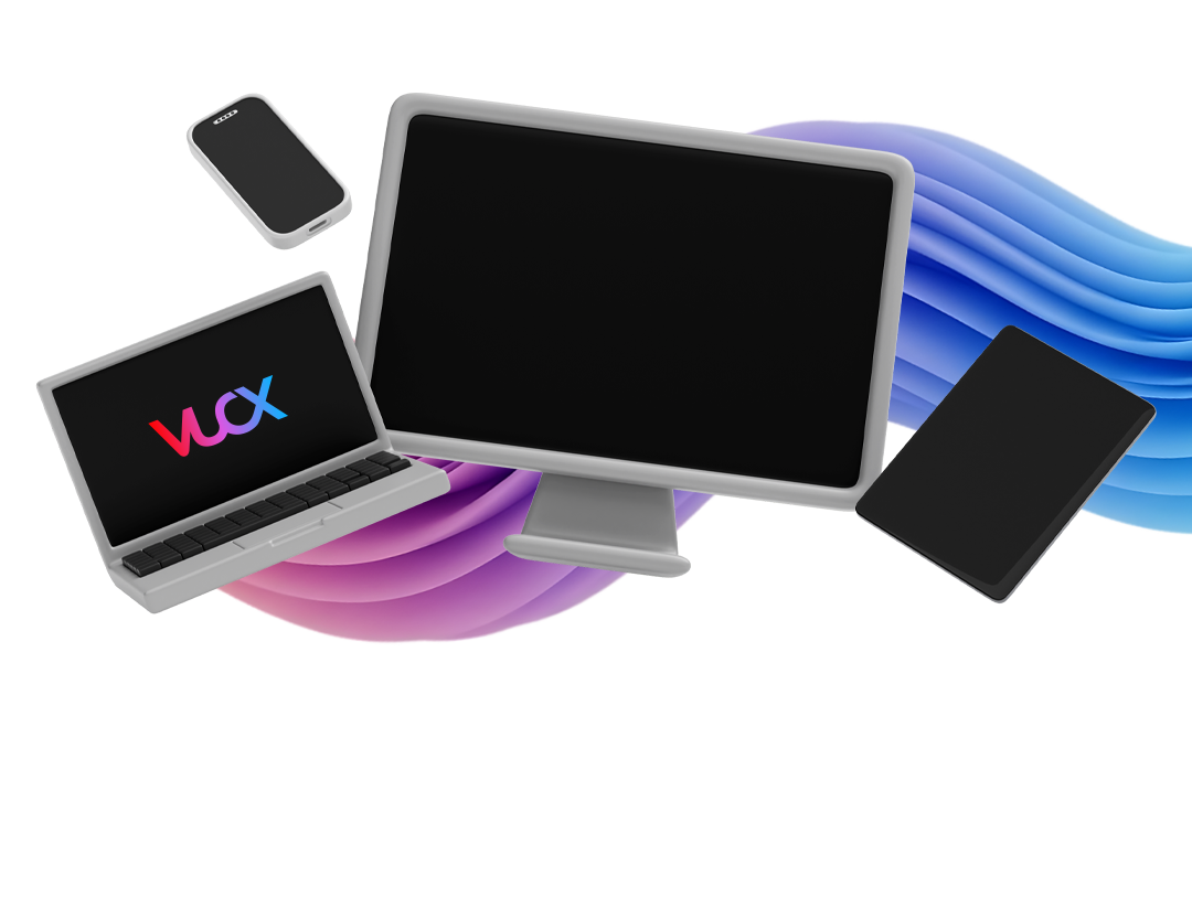 3D-Illustration mit Monitor, Laptop, Smartphone und Tablet vor einem abstrakten blauen und violetten Hintergrund