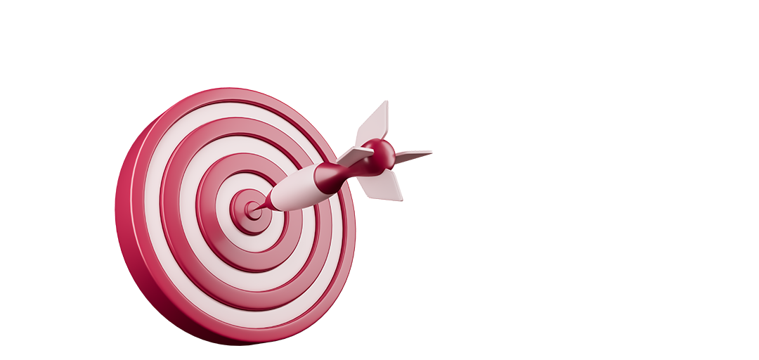 3D-Illustration einer rot-weiß gestreiften Zielscheibe mit Dartpfeil, die Präzision, Zielorientierung und Erfolg symbolisiert.