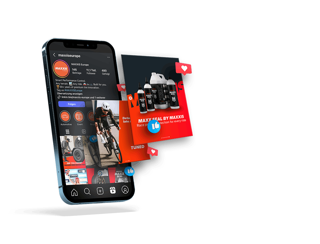 Smartphone-Mockup zeigt Social-Media-Feed mit personalisierten Video-Anzeigen und Interaktions-Icons