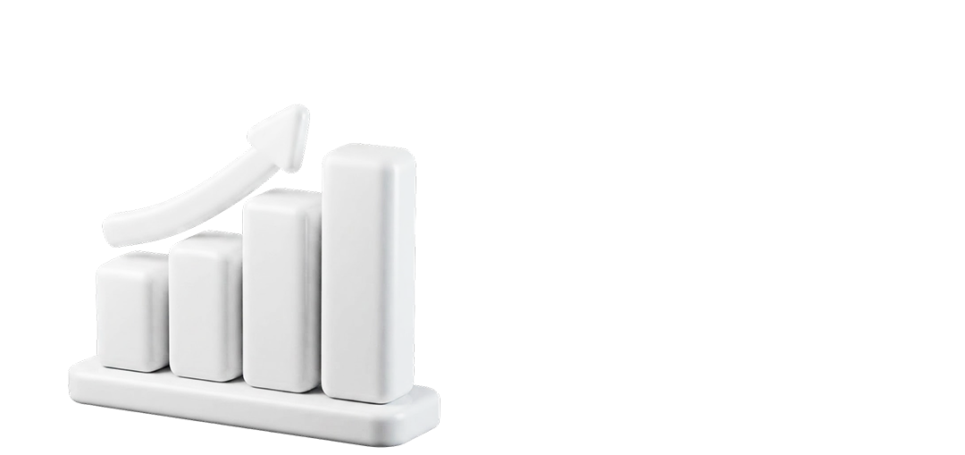 Weißes 3D-Balkendiagramm mit ansteigendem Pfeil als Symbol für Wachstum