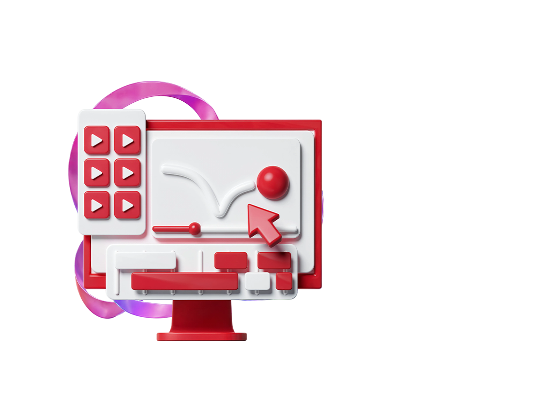 Stilisierte 3D-Grafik eines Editing-Bildschirms mit Play-Tasten und Animationskurve