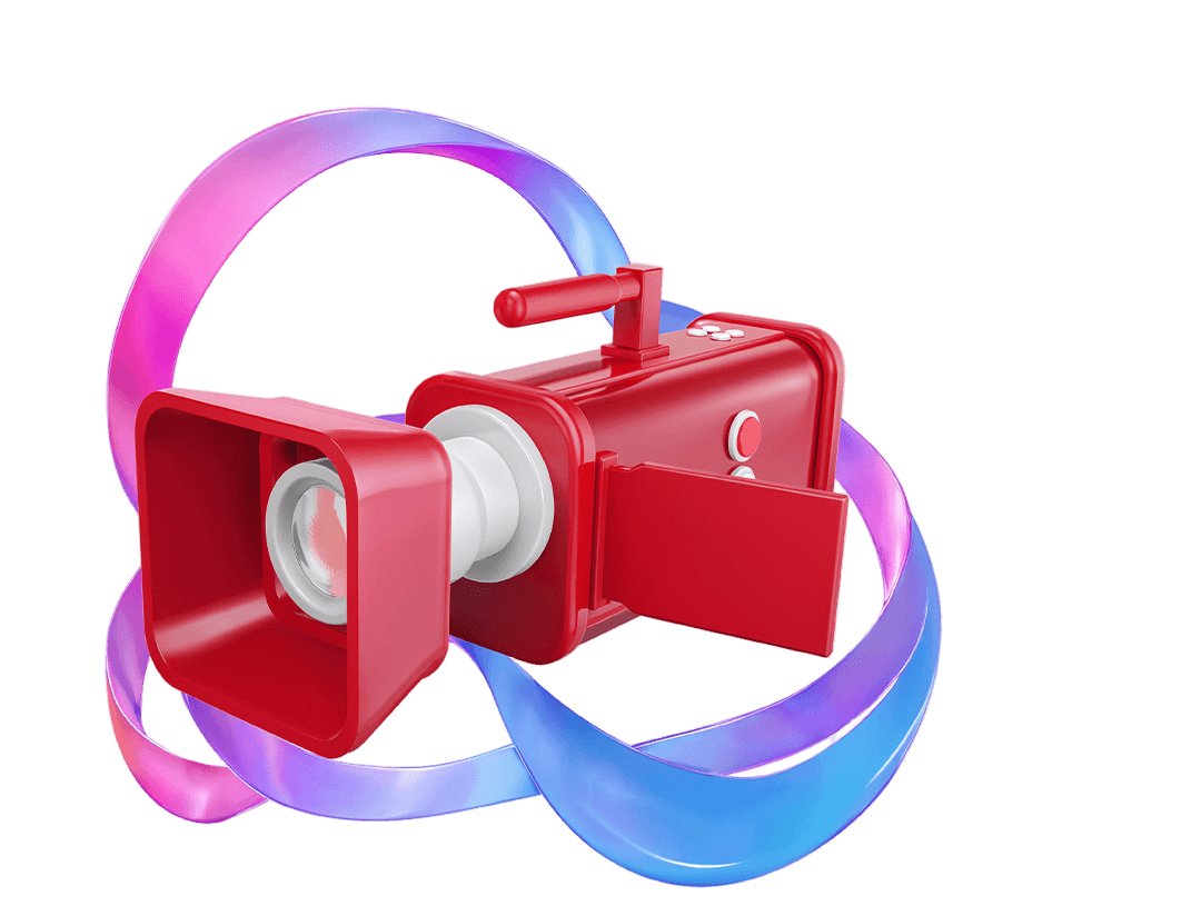 Rote 3D-Videokamera mit farbigem Swirl-Element, freigestellt
