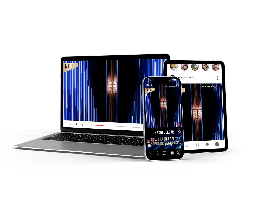Videoanzeige für ein Kosmetikprodukt auf Laptop, Tablet und Smartphone zur Darstellung geräteübergreifender Werbeformate.