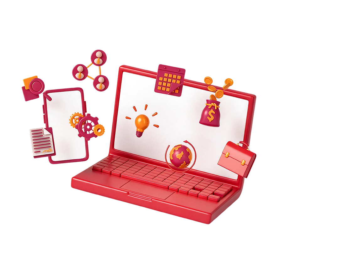 Moderne 3D-Illustration eines Digital Sales Rooms mit Laptop, Smartphone und Symbolen für Zusammenarbeit, Dokumentenmanagement und Vertriebsprozesse – ideal für digitales Sales Enablement und virtuelle Kundenkommunikation.